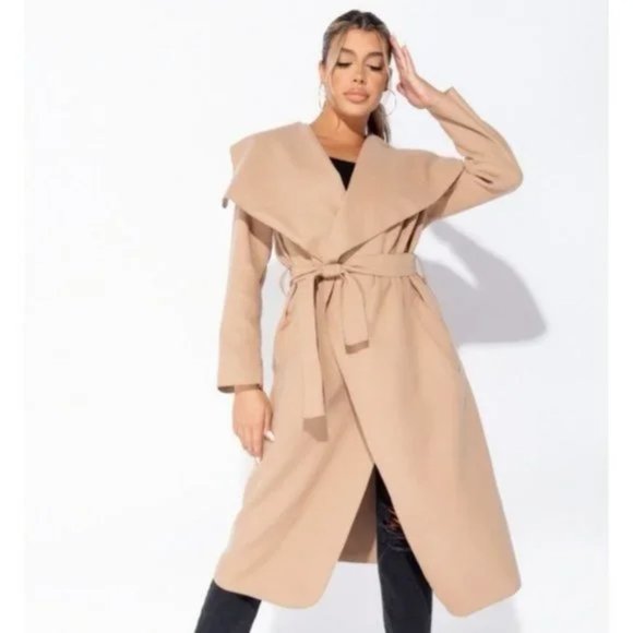 Jackets & Blazers - 1 DAY SALE! Camel Wool Blend Oversized Belted Long Maxi Waterfall Collar Coat